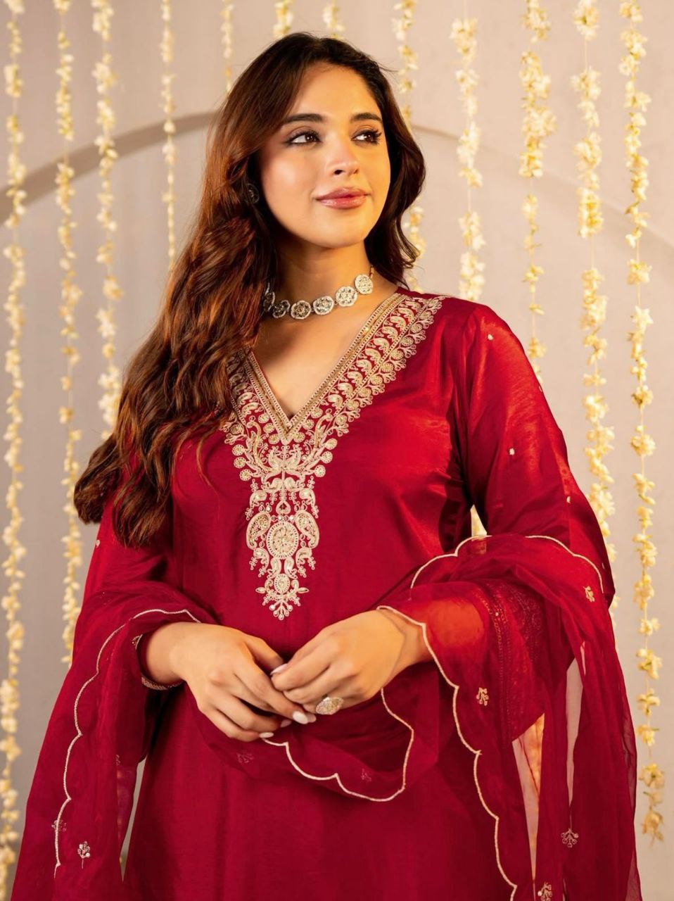 Premium Roman Silk Embroidered Kurta Pant Set with Organza Dupatta | Designer Party & Festive Wear Collection